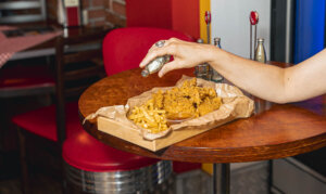American-style coated chicken served in a restaurant