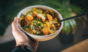 Fried rice with chicken Vegetable and chicken risotto in a pan