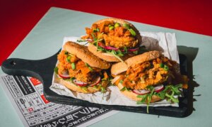 crispy Asian chicken Asian burger with crispy chicken and kimchi