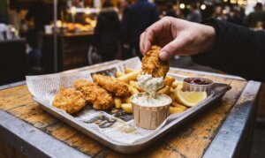 Fish Nuggets with Sauce and Fries Fish nuggets work well as a main meal, snack, children’s menu option or takeaway dish.